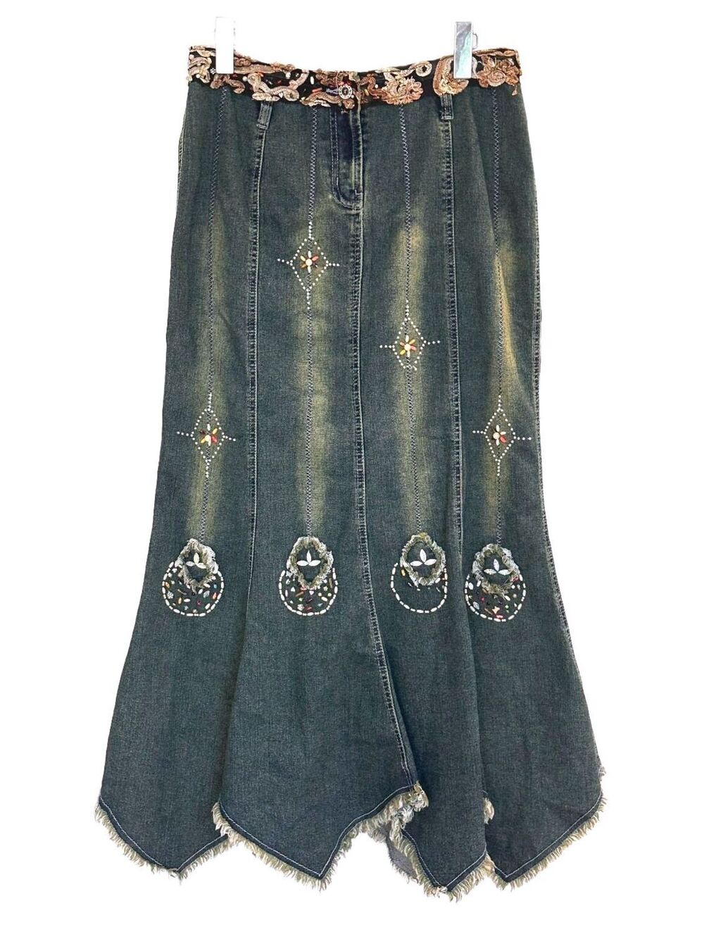 Angfu Y2K Boho Embellished Denim Maxi Skirt Embroidered Handkerchief Raw Hem - L